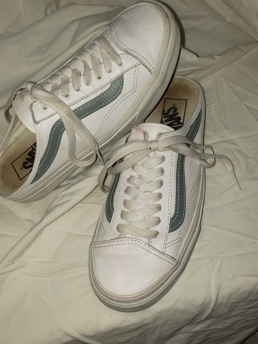 Vans Old Skool Leather Low-Top in White with Sage Side Stripe